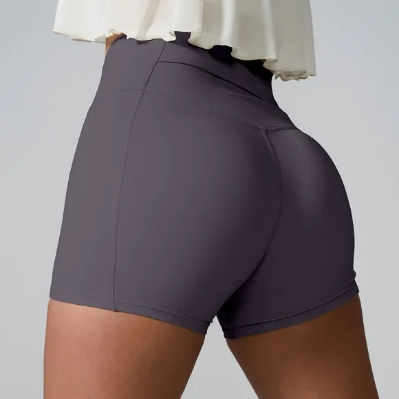 High Rise Back Pocket Athletic Shorts Wide Waistband Yoga Activewear Gray