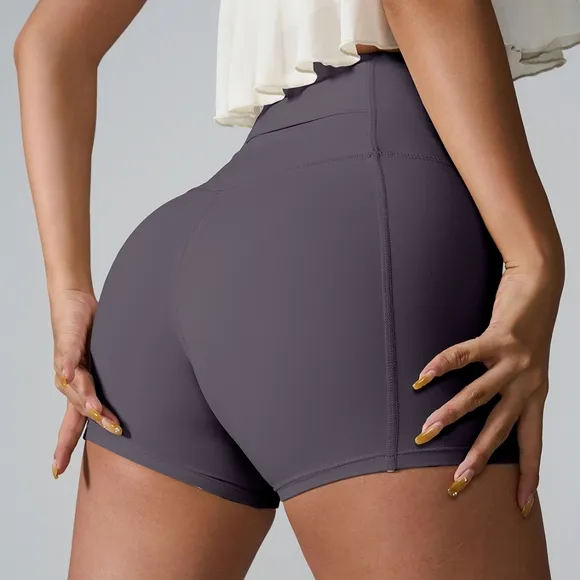 High Rise Back Pocket Athletic Shorts Wide Waistband Yoga Activewear Gray