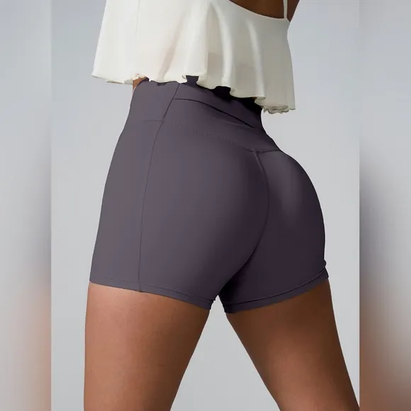 High Rise Back Pocket Athletic Shorts Wide Waistband Yoga Activewear Gray