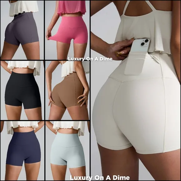 High Rise Back Pocket Athletic Shorts Wide Waistband Yoga Activewear Gray