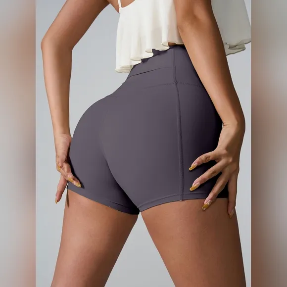 High Rise Back Pocket Athletic Shorts Wide Waistband Yoga Activewear Gray