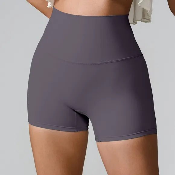 High Rise Back Pocket Athletic Shorts Wide Waistband Yoga Activewear Gray