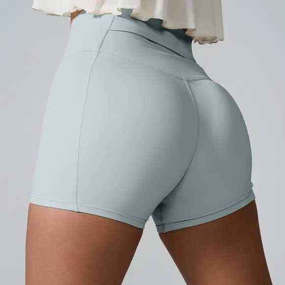 High Rise Back Pocket Athletic Shorts Wide Waistband Yoga Activewear Light Green