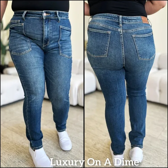 High Waist Skinny Stretch Slim Retro 90s Mom Patch Pocket Jean Pants Judy Blue