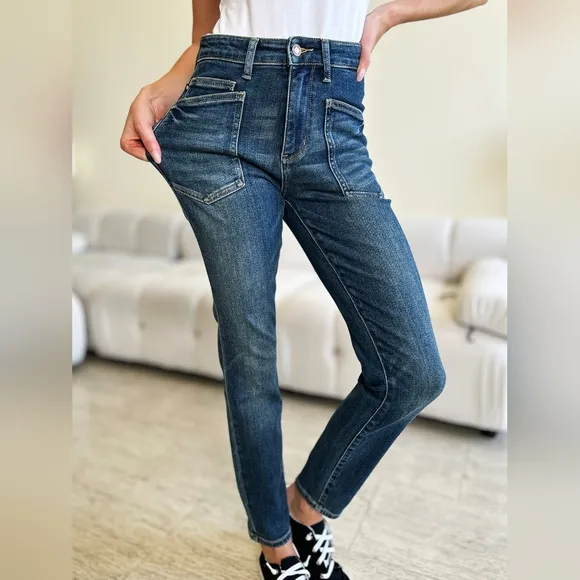 High Waist Skinny Stretch Slim Retro 90s Mom Patch Pocket Jean Pants Judy Blue
