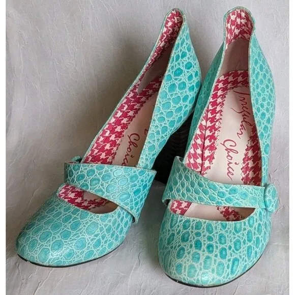Irregular Choice Mary Jane Chunky Block Heels Shoes Strappy Turquoise Sz US 9.5