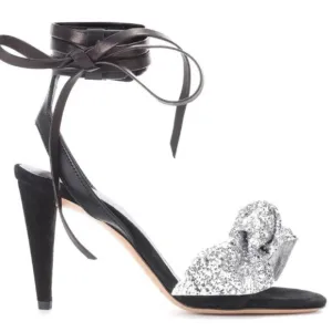 Isabel Marant Black Akynn Leather Heel Sandals Silver Glitter Bow EU 37
