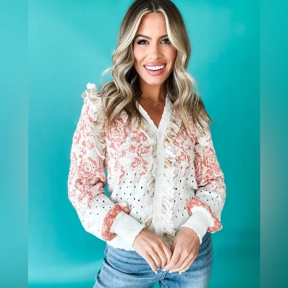 Ivory crochet knit ruffled trim floral flower boho bohemian sweater cardigan