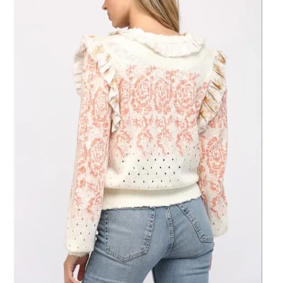 Ivory crochet knit ruffled trim floral flower boho bohemian sweater cardigan