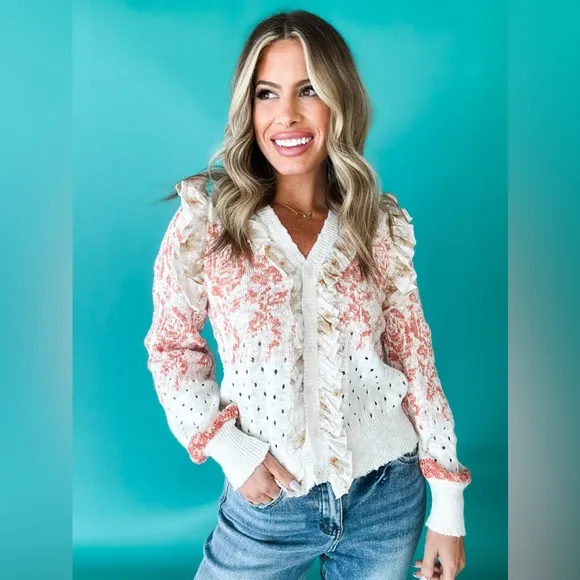 Ivory crochet knit ruffled trim floral flower boho bohemian sweater cardigan