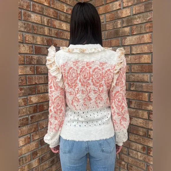 Ivory crochet knit ruffled trim floral flower boho bohemian sweater cardigan