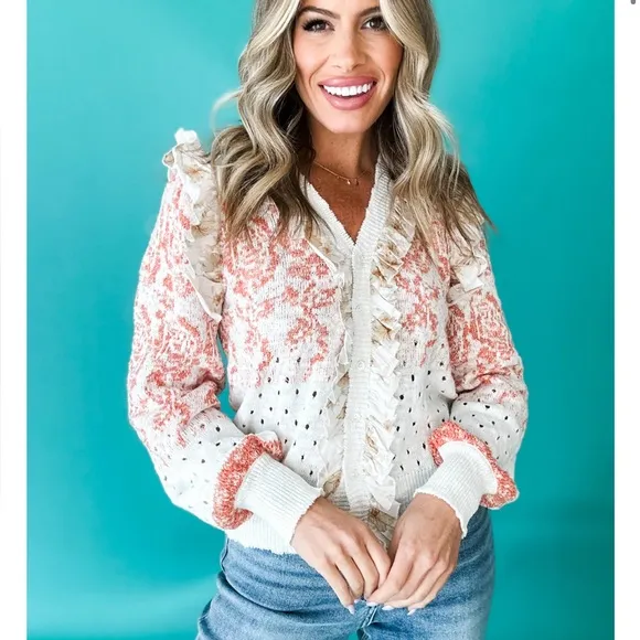 Ivory crochet knit ruffled trim floral flower boho bohemian sweater cardigan