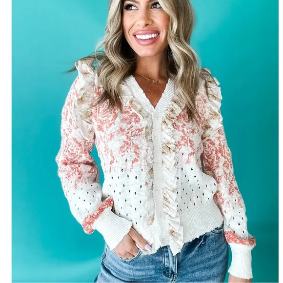 Ivory crochet knit ruffled trim floral flower boho bohemian sweater cardigan