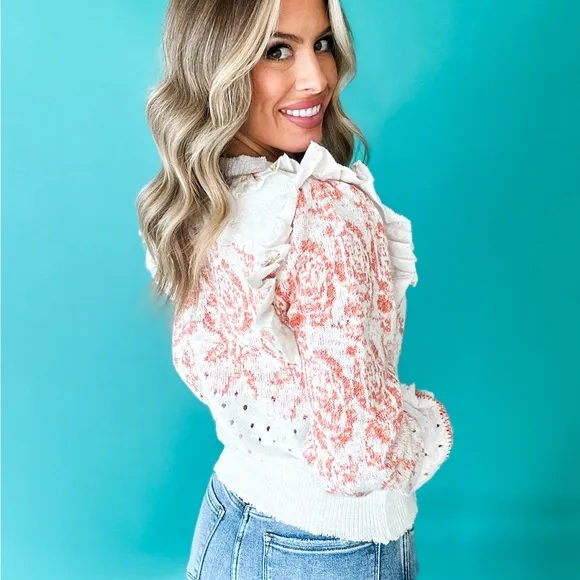Ivory crochet knit ruffled trim floral flower boho bohemian sweater cardigan