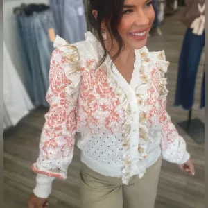 Ivory crochet knit ruffled trim floral flower boho bohemian sweater cardigan