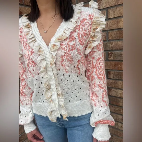 Ivory crochet knit ruffled trim floral flower boho bohemian sweater cardigan