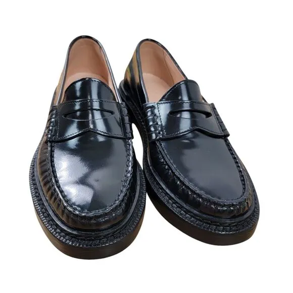 J Crew Penny Loafer Shoes Rowan Womens Size 6 Black Leather Slip On BK482 Chunky