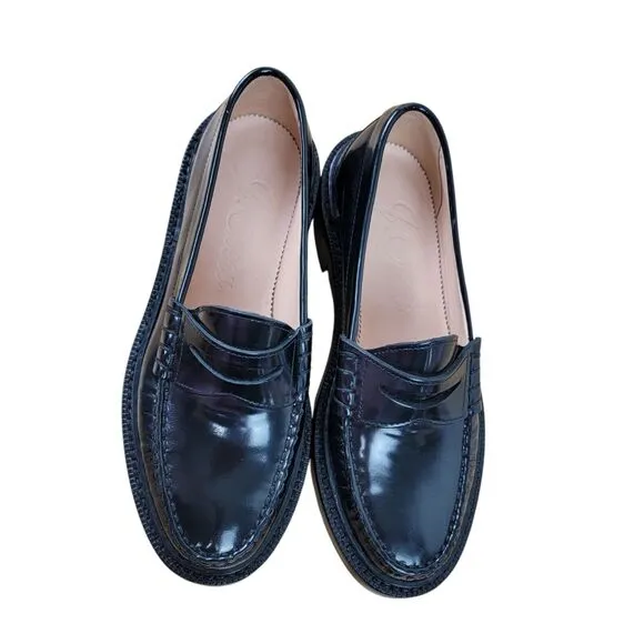J Crew Penny Loafer Shoes Rowan Womens Size 6 Black Leather Slip On BK482 Chunky
