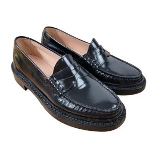 J Crew Penny Loafer Shoes Rowan Womens Size 6 Black Leather Slip On BK482 Chunky