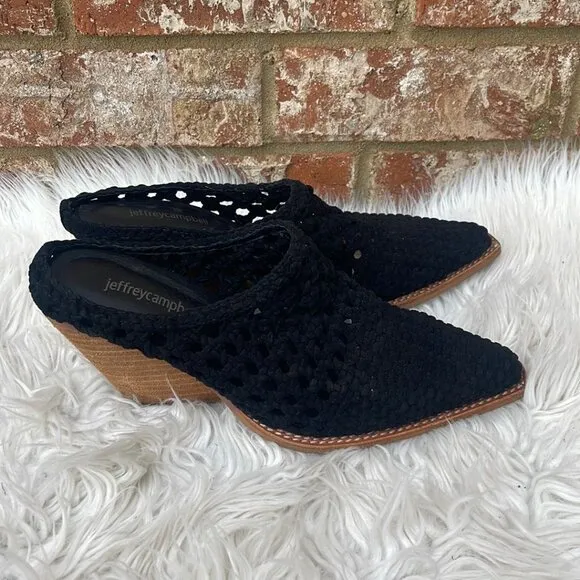 Jeffrey Campbell Crochet Heeled Leone Mules - Black &amp; Brown Shoes - Size 8