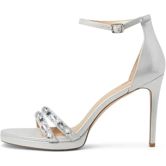 Jewel Badgley Mischka Size 5 Silver Hustle Platform Gemstone Studded Heels