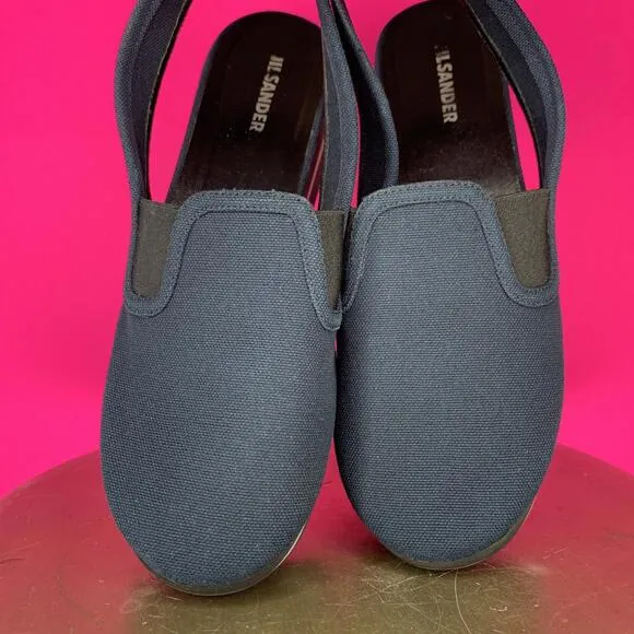 Jil Sander Navy Blue Canvas Slingback Platform Closed Toe Sandal Sz 39