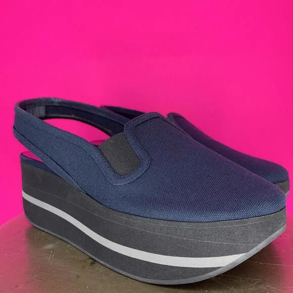 Jil Sander Navy Blue Canvas Slingback Platform Closed Toe Sandal Sz 39