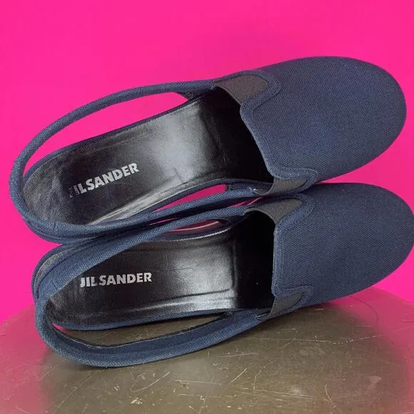 Jil Sander Navy Blue Canvas Slingback Platform Closed Toe Sandal Sz 39