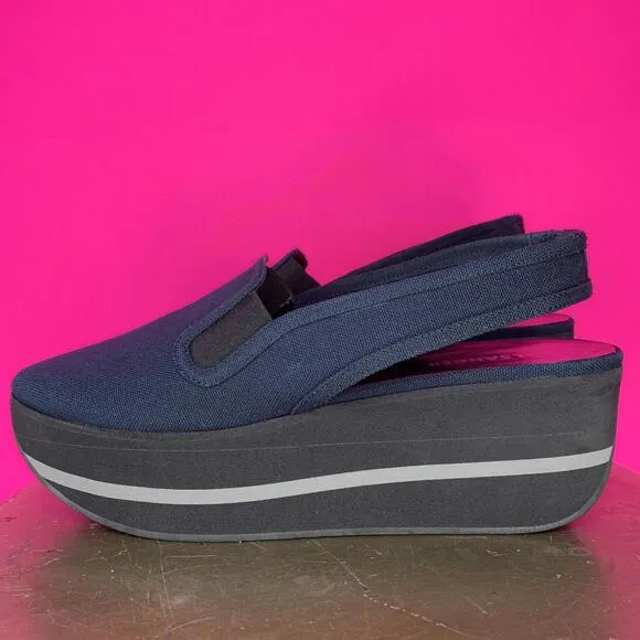Jil Sander Navy Blue Canvas Slingback Platform Closed Toe Sandal Sz 39