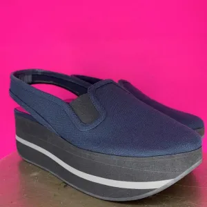 Jil Sander Navy Blue Canvas Slingback Platform Closed Toe Sandal Sz 39