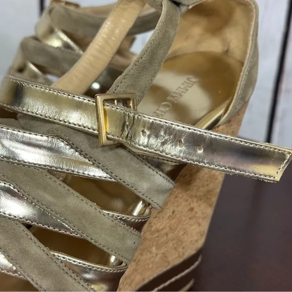 Jimmy Choo Gold &amp; Taupe Platform Wedge Gladiator Sandals Leather  Straps 11 EUC