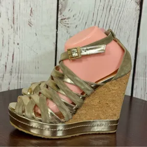 Jimmy Choo Gold &amp; Taupe Platform Wedge Gladiator Sandals Leather  Straps 11 EUC