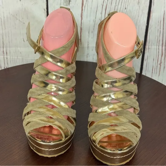 Jimmy Choo Gold &amp; Taupe Platform Wedge Gladiator Sandals Leather  Straps 11 EUC