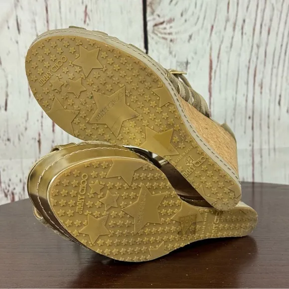 Jimmy Choo Gold &amp; Taupe Platform Wedge Gladiator Sandals Leather  Straps 11 EUC