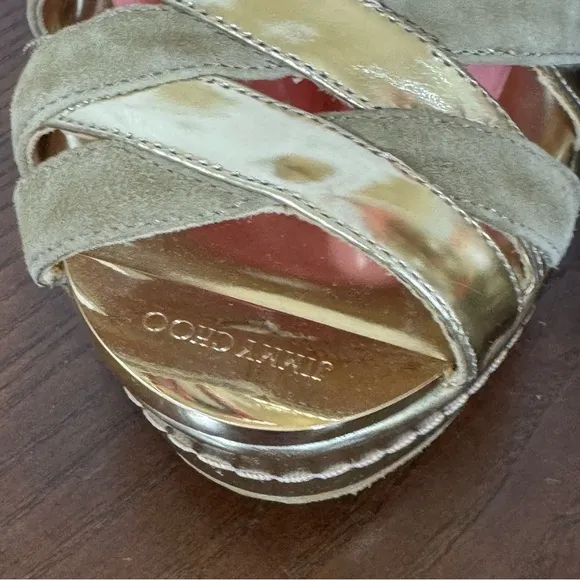 Jimmy Choo Gold &amp; Taupe Platform Wedge Gladiator Sandals Leather  Straps 11 EUC