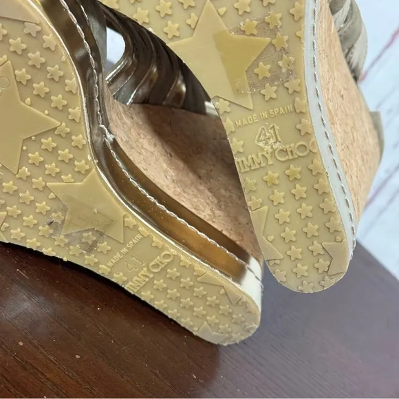 Jimmy Choo Gold &amp; Taupe Platform Wedge Gladiator Sandals Leather  Straps 11 EUC