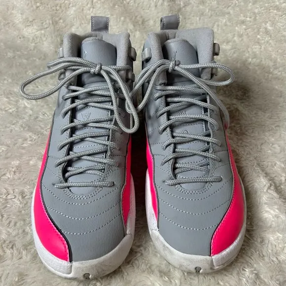 Jordan 12 Retro Hot Pink Sneakers Gray Leather Shoes Youth Size 6Y