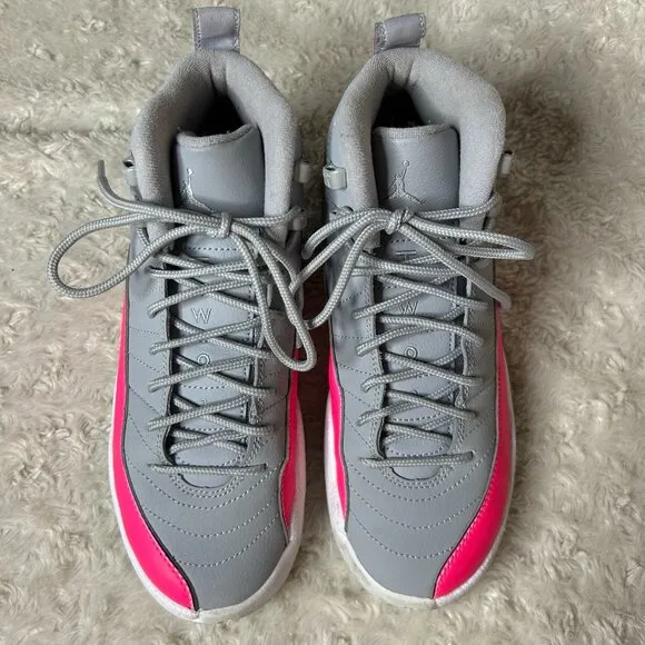 Jordan 12 Retro Hot Pink Sneakers Gray Leather Shoes Youth Size 6Y