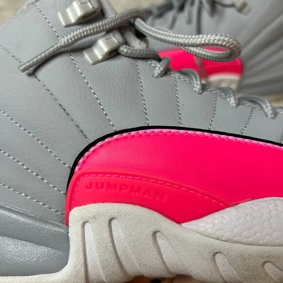 Jordan 12 Retro Hot Pink Sneakers Gray Leather Shoes Youth Size 6Y
