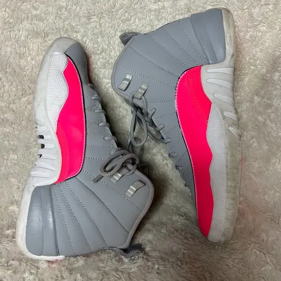 Jordan 12 Retro Hot Pink Sneakers Gray Leather Shoes Youth Size 6Y