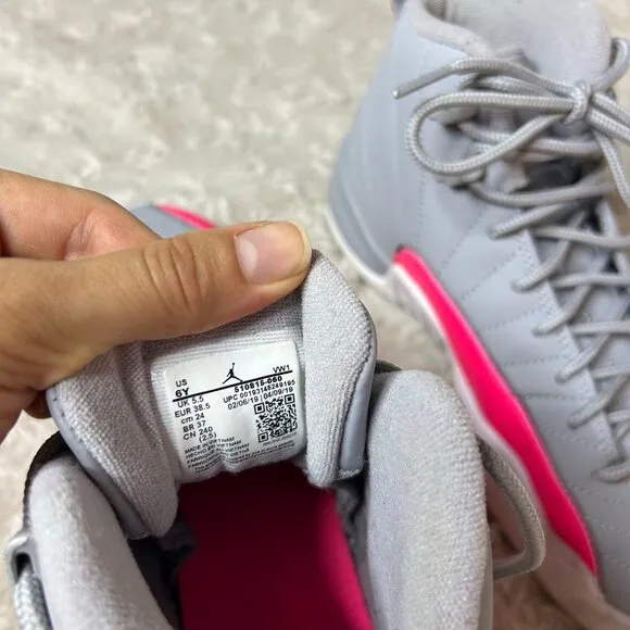 Jordan 12 Retro Hot Pink Sneakers Gray Leather Shoes Youth Size 6Y