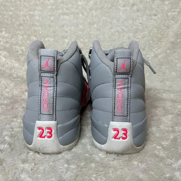 Jordan 12 Retro Hot Pink Sneakers Gray Leather Shoes Youth Size 6Y