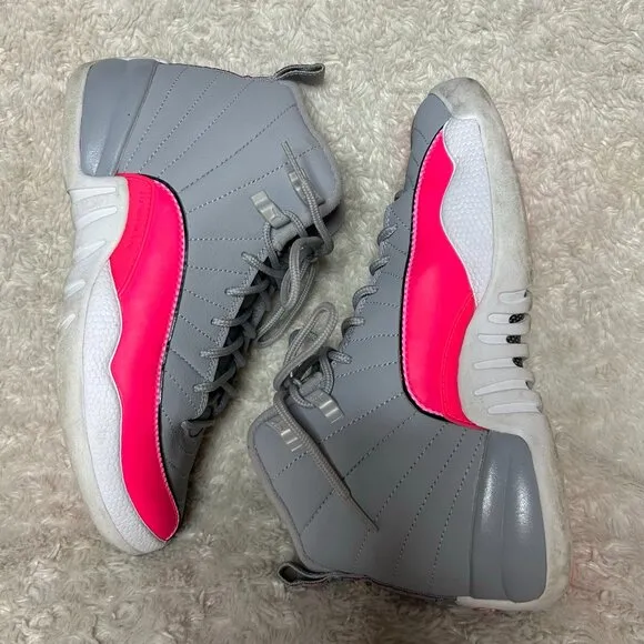 Jordan 12 Retro Hot Pink Sneakers Gray Leather Shoes Youth Size 6Y
