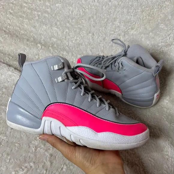 Jordan 12 Retro Hot Pink Sneakers Gray Leather Shoes Youth Size 6Y