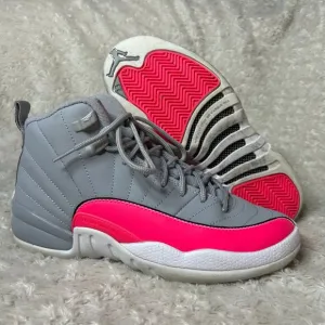 Jordan 12 Retro Hot Pink Sneakers Gray Leather Shoes Youth Size 6Y