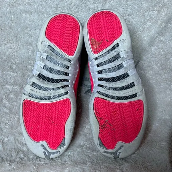 Jordan 12 Retro Hot Pink Sneakers Gray Leather Shoes Youth Size 6Y