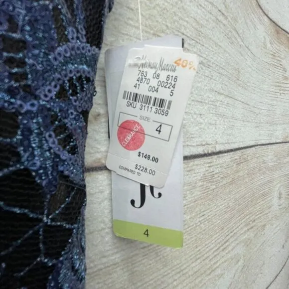Julia Jordan dress size 4 bodycon fitted navy blue shimmer beaded lace overlay