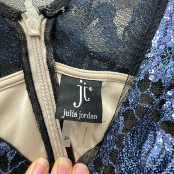 Julia Jordan dress size 4 bodycon fitted navy blue shimmer beaded lace overlay