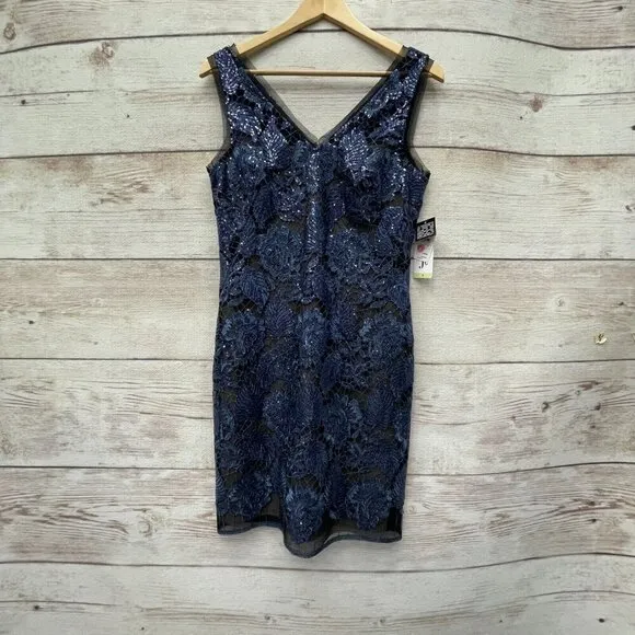 Julia Jordan dress size 4 bodycon fitted navy blue shimmer beaded lace overlay