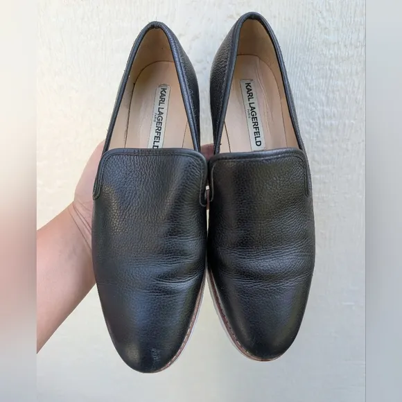 Karl Lagerfeld Paris Black Leather Loafers Flat Shoes Women's Size 8
